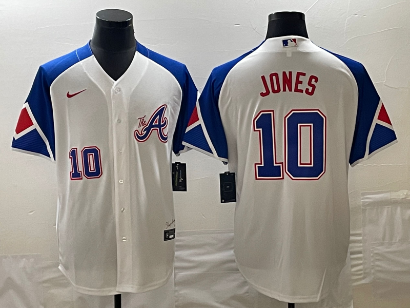 Men's White Atlanta Braves #10 Chipper Jones 2023 City Connect Cool Base With Patch Stitched Baseball Jersey